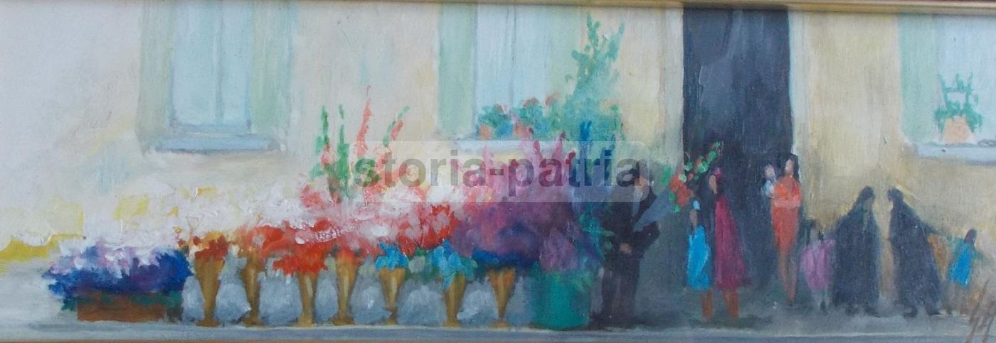 Dipinto Olio Su Compensato Raffigurante Scena Fioraio, Anni 1950 1970