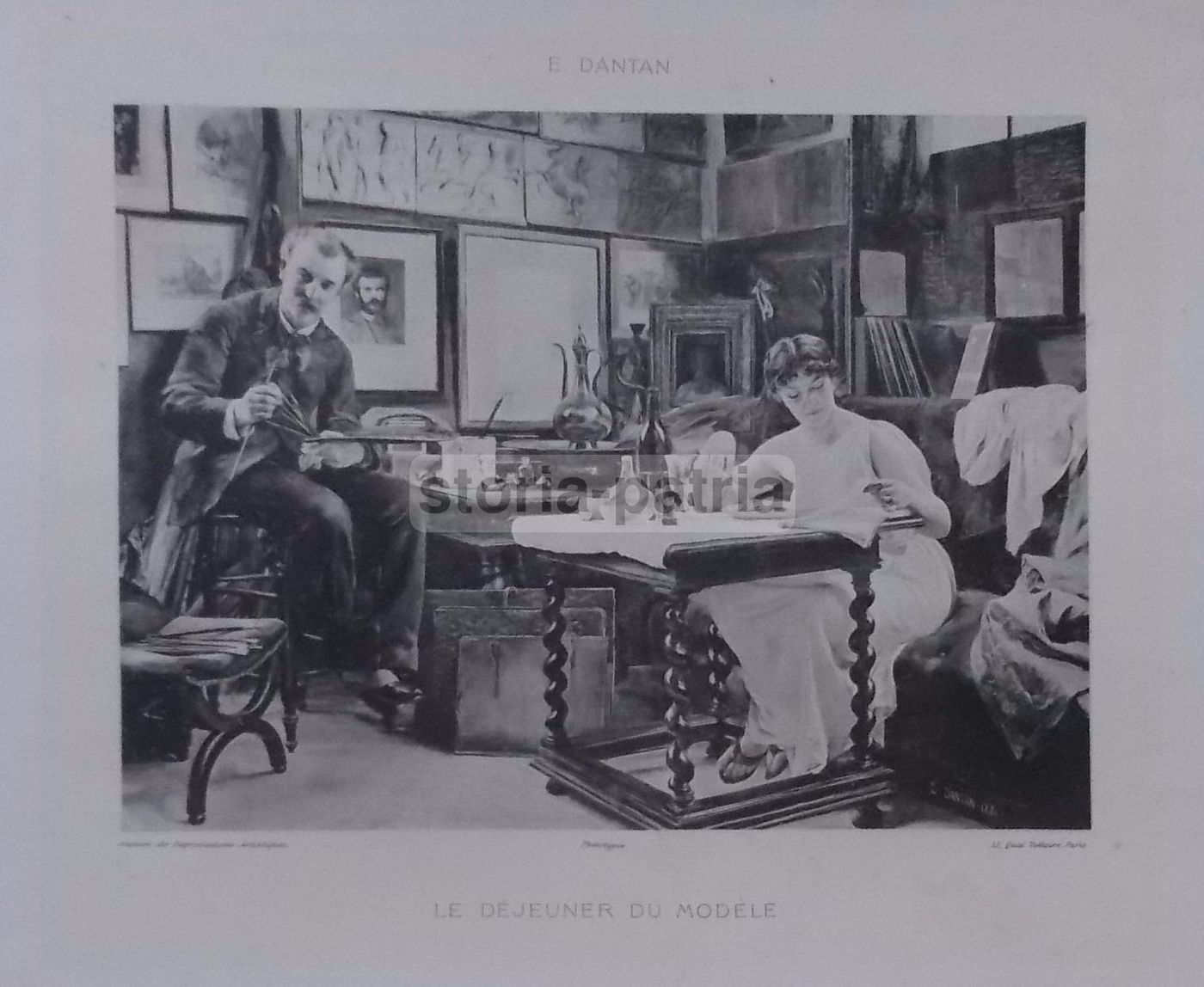 Stampa Antica Le Dejeuner Du Modele Studio Artistico E. Dantan