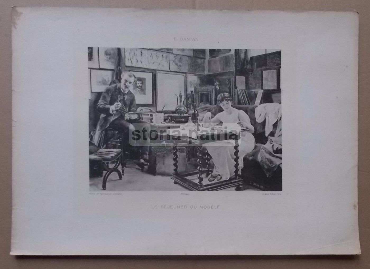 Stampa Antica Le Dejeuner Du Modele Studio Artistico E. Dantan