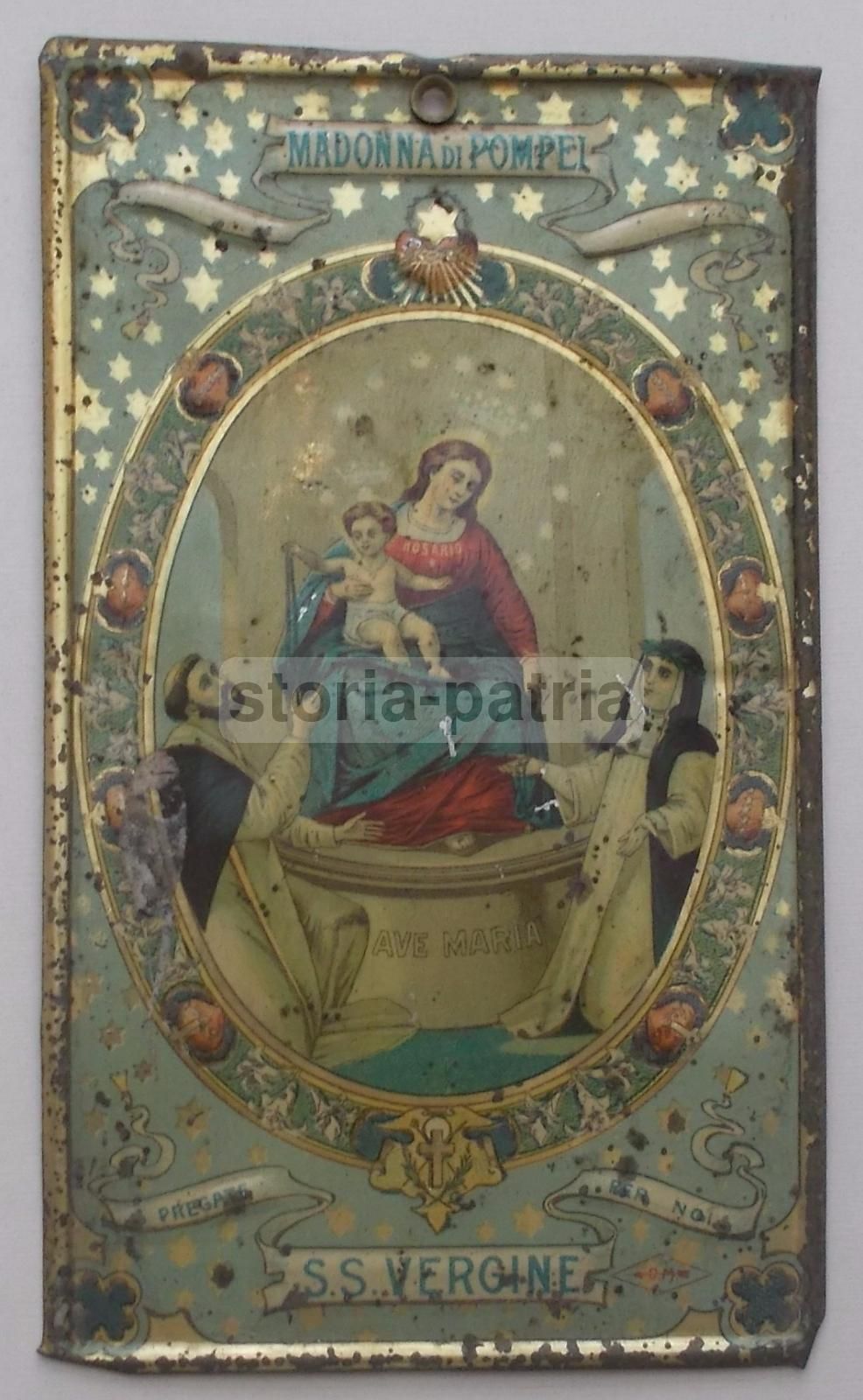 Antica Cromolitografia Madonna Del Rosario Di Pompei Su Latta Liberty