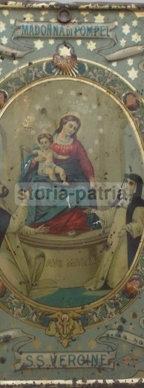 Antica Cromolitografia Madonna Del Rosario Di Pompei Su Latta Liberty