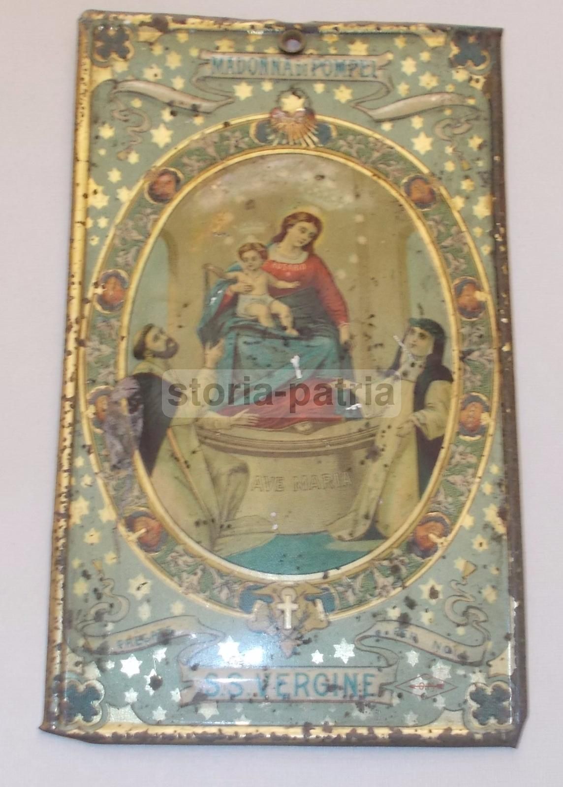 Antica Cromolitografia Madonna Del Rosario Di Pompei Su Latta Liberty