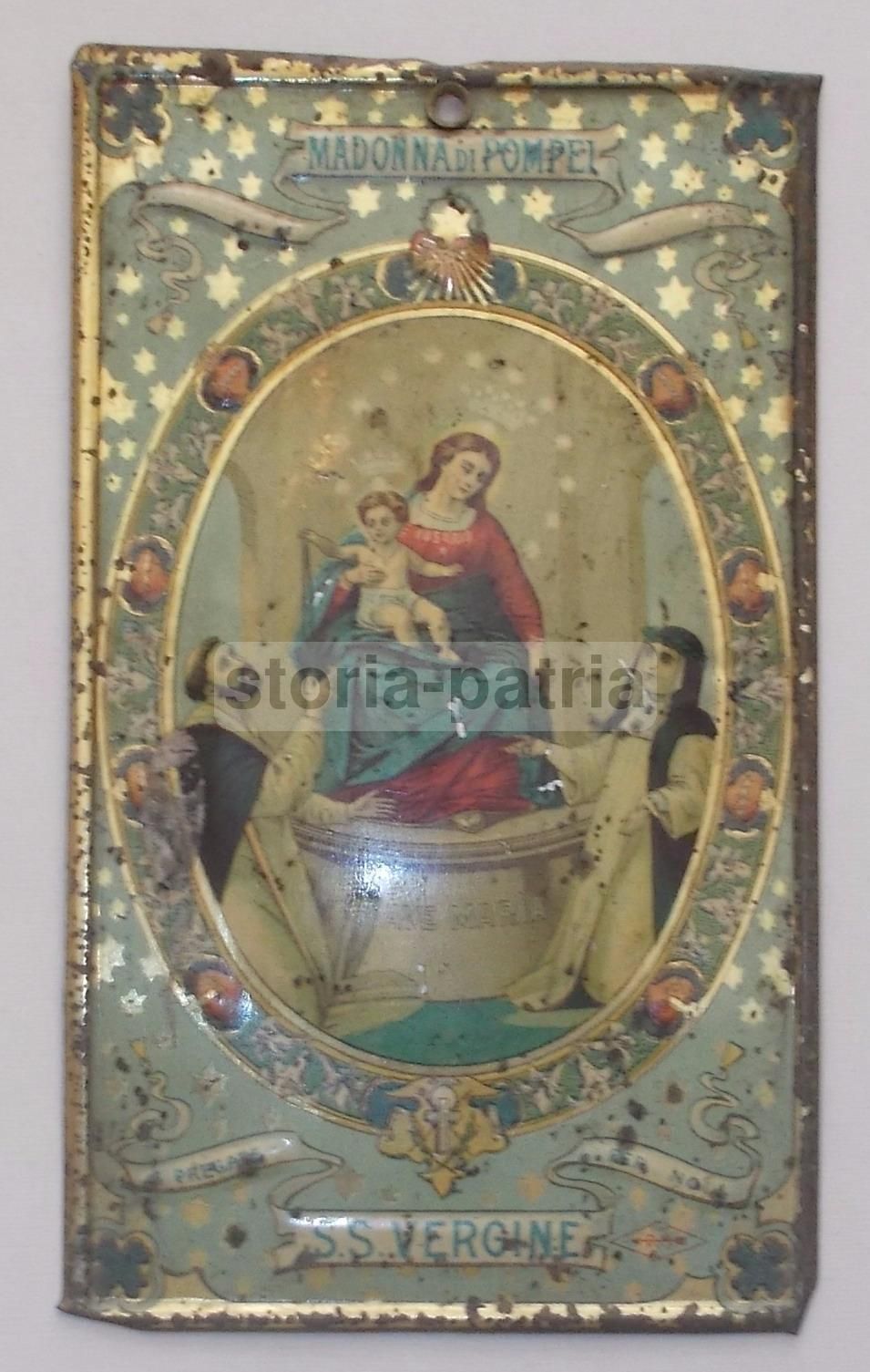Antica Cromolitografia Madonna Del Rosario Di Pompei Su Latta Liberty