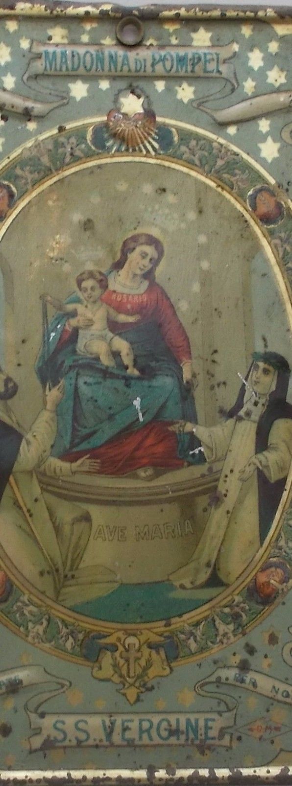 Antica Cromolitografia Madonna Del Rosario Di Pompei Su Latta Liberty