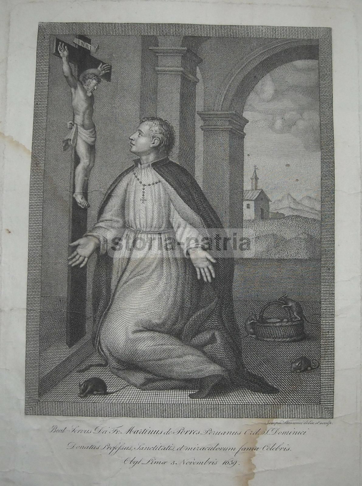 Incisione San Martino De Porres, Lima Perù, Lazzarini, 1830