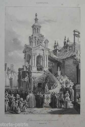 Stampa Antica 1837: Processione Della Gargouille, Litografia Francese