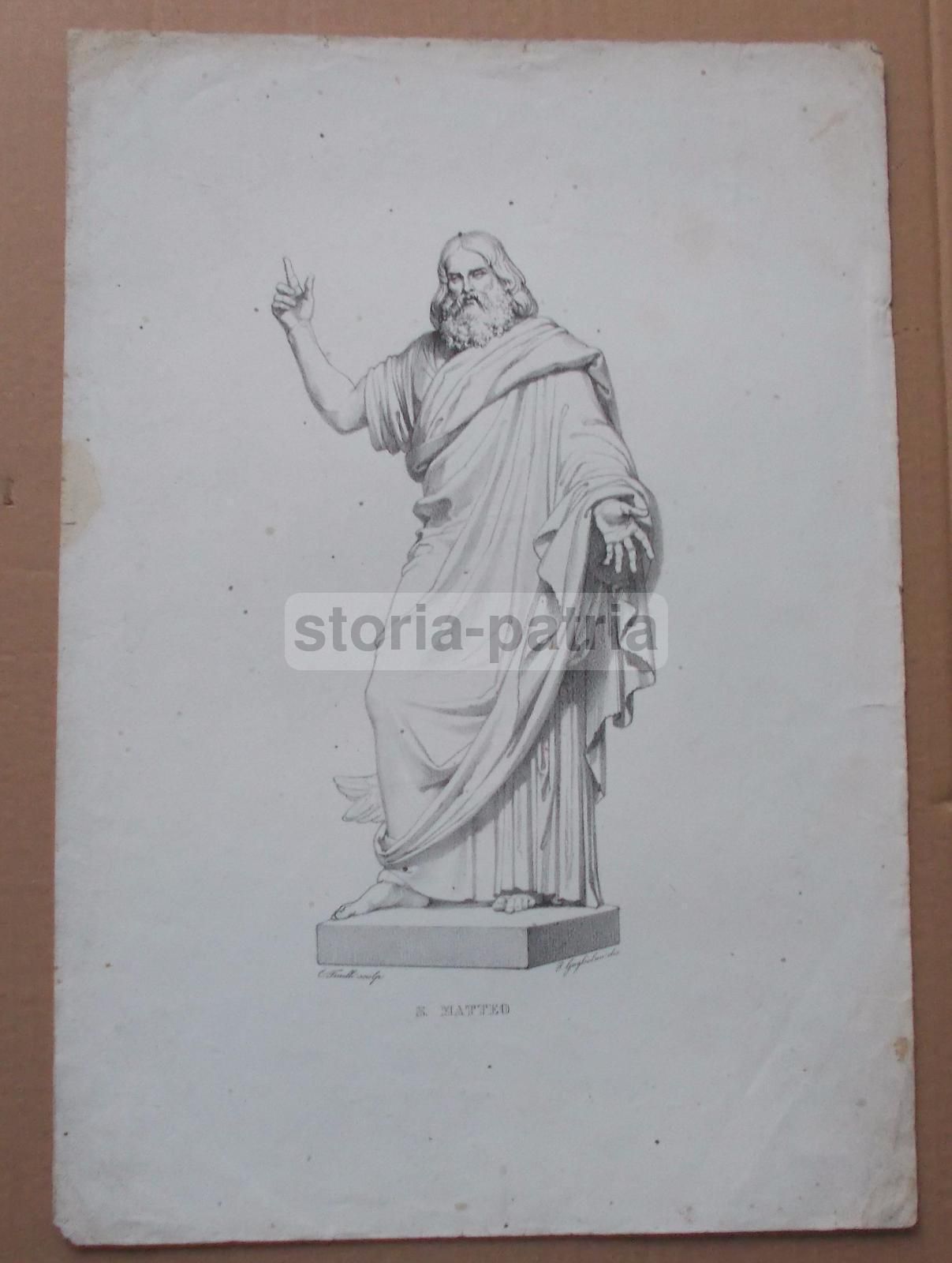 Stampa Antica Di San Matteo Dalla Scultura Di Carlo Finelli, 1850 Circa