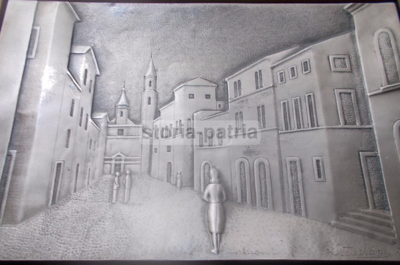 Pannello Argentato Con Veduta Di Paese E Chiesa, Ottaviani 1974