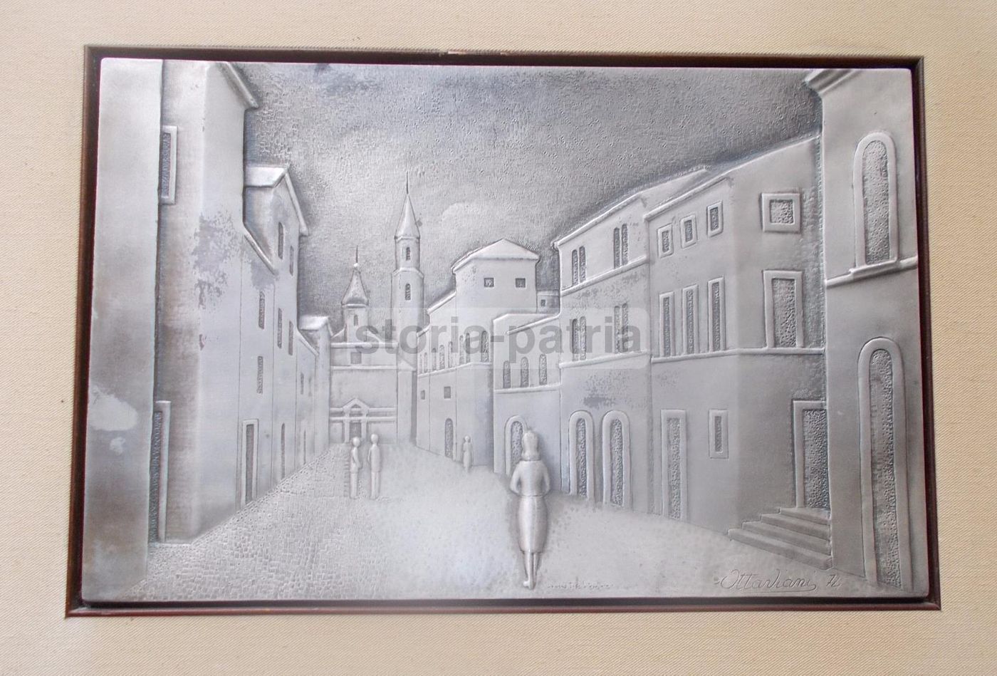 Pannello Argentato Veduta Paese Con Chiesa Ottaviani 1974 925