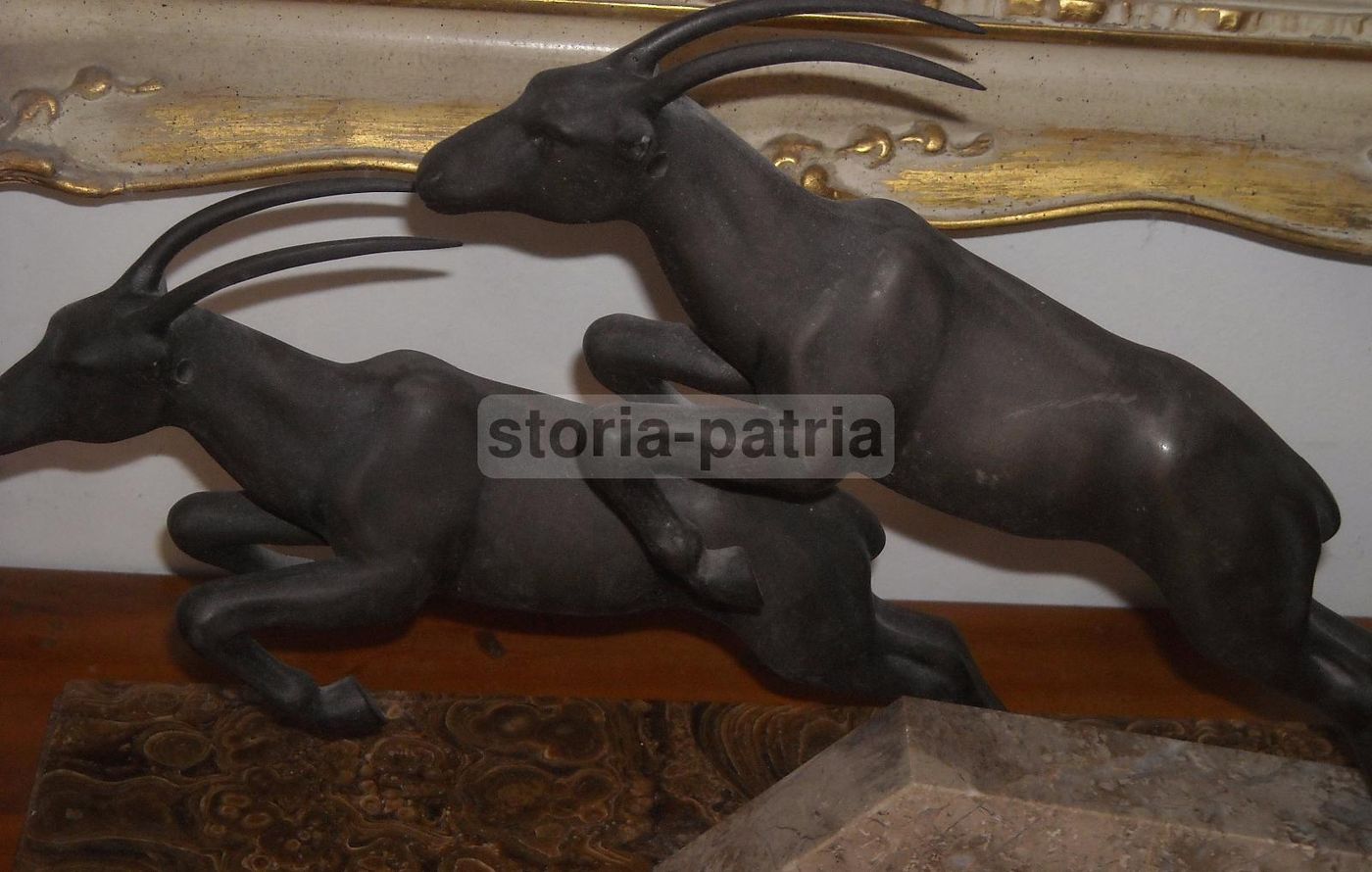 Scultura In Bronzo Stambecchi Dauvergne Anni '20 '30 Base Marmo