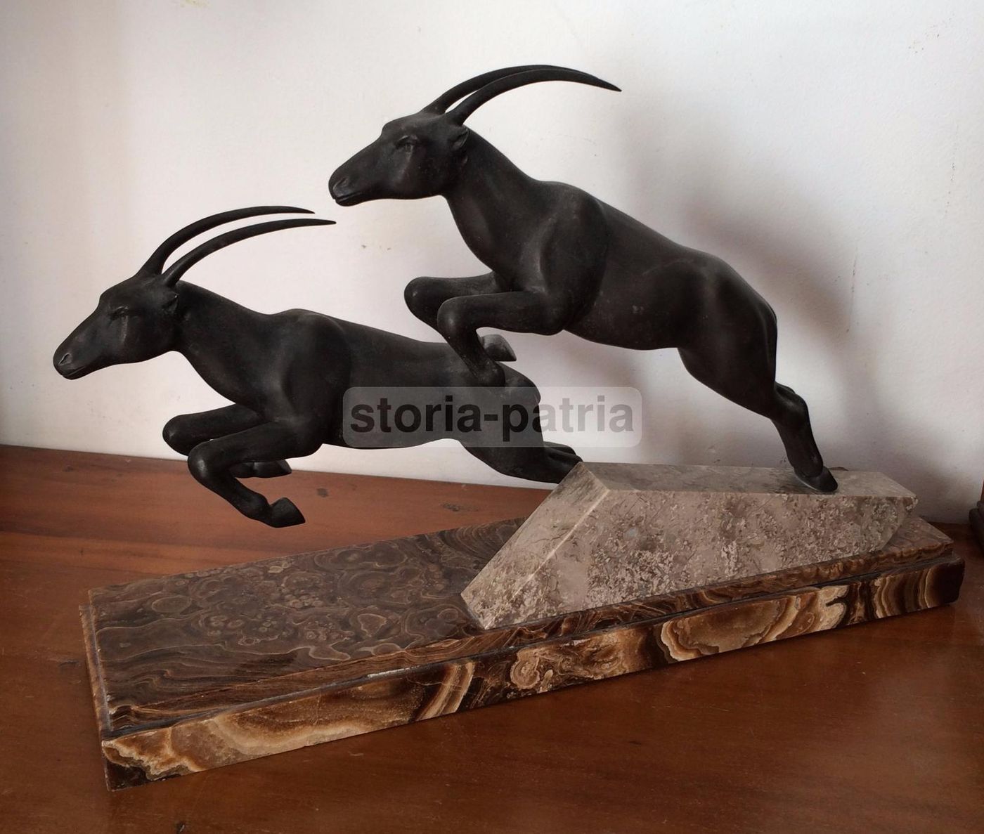 Scultura In Bronzo Stambecchi Dauvergne Anni '20 '30 Base Marmo