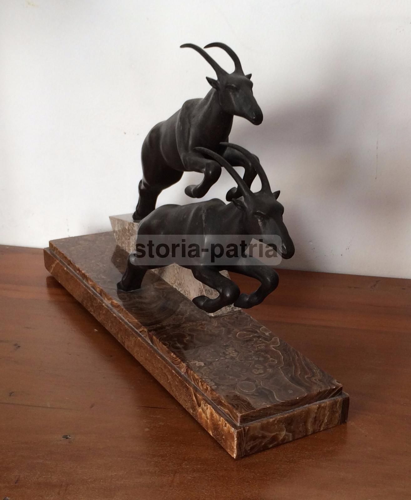 Scultura In Bronzo Stambecchi Dauvergne Anni '20 '30 Base Marmo