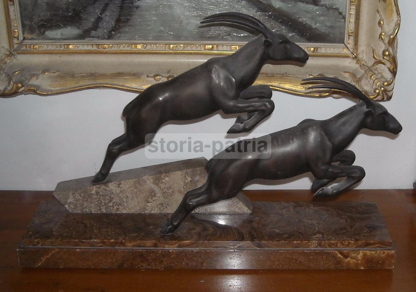 Scultura In Bronzo Stambecchi Dauvergne Anni '20 '30 Base Marmo