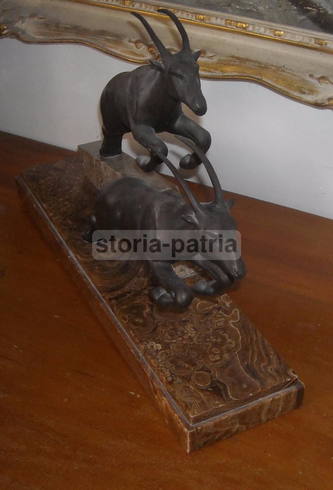 Scultura In Bronzo Stambecchi Dauvergne Anni '20 '30 Base Marmo