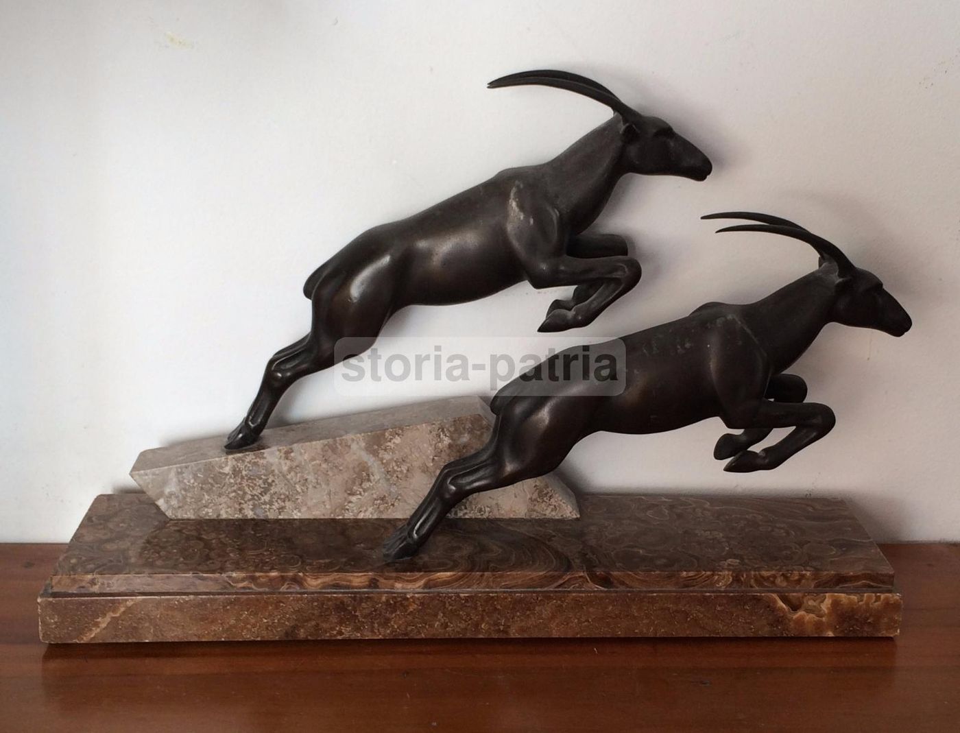 Scultura In Bronzo Stambecchi Dauvergne Anni '20 '30 Base Marmo