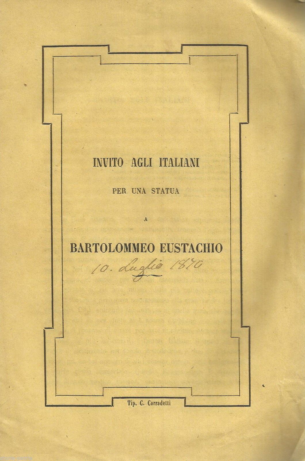 Invito Per La Statua A Bartolommeo Eustachio, Sanseverino Marche 1870