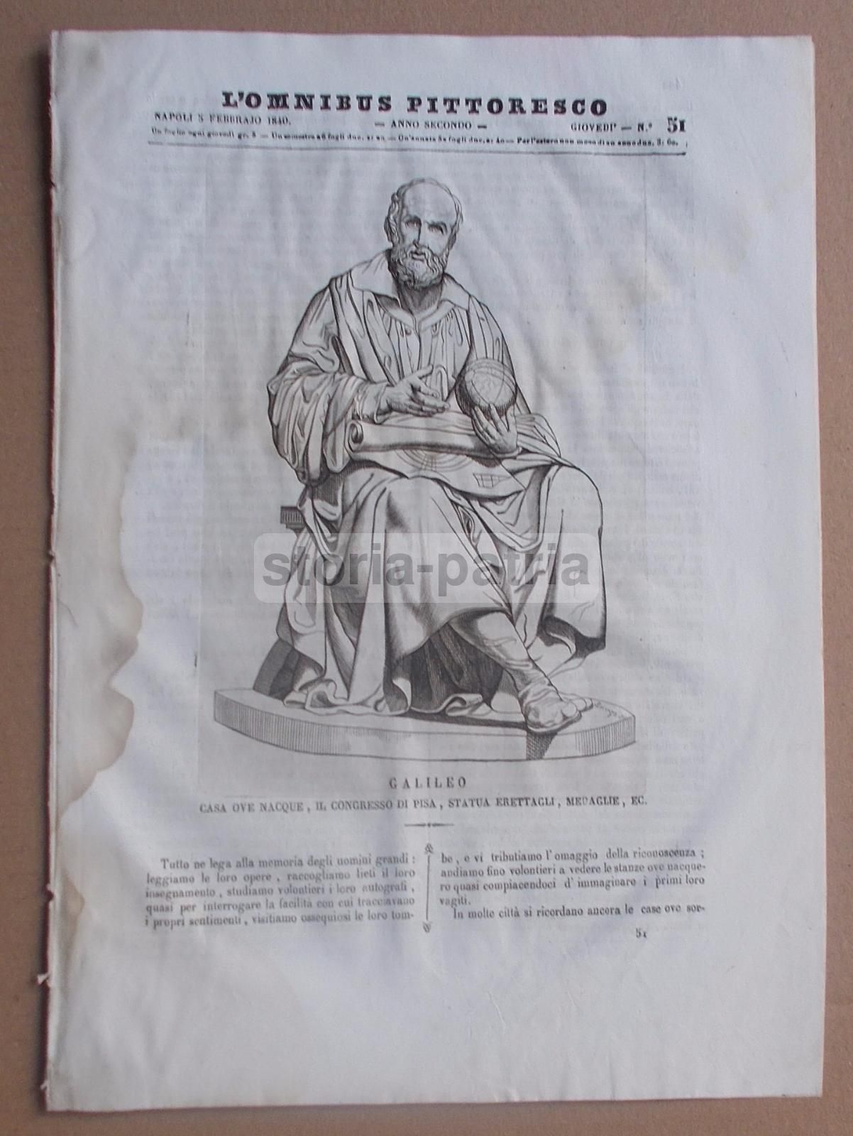 Incisione Galileo Galilei 1840 Monumento Pisa Acquaforte Originale