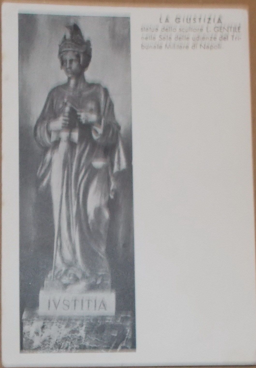 Cartolina Scultura Allegoria Giustizia L. Gentile Napoli 1957