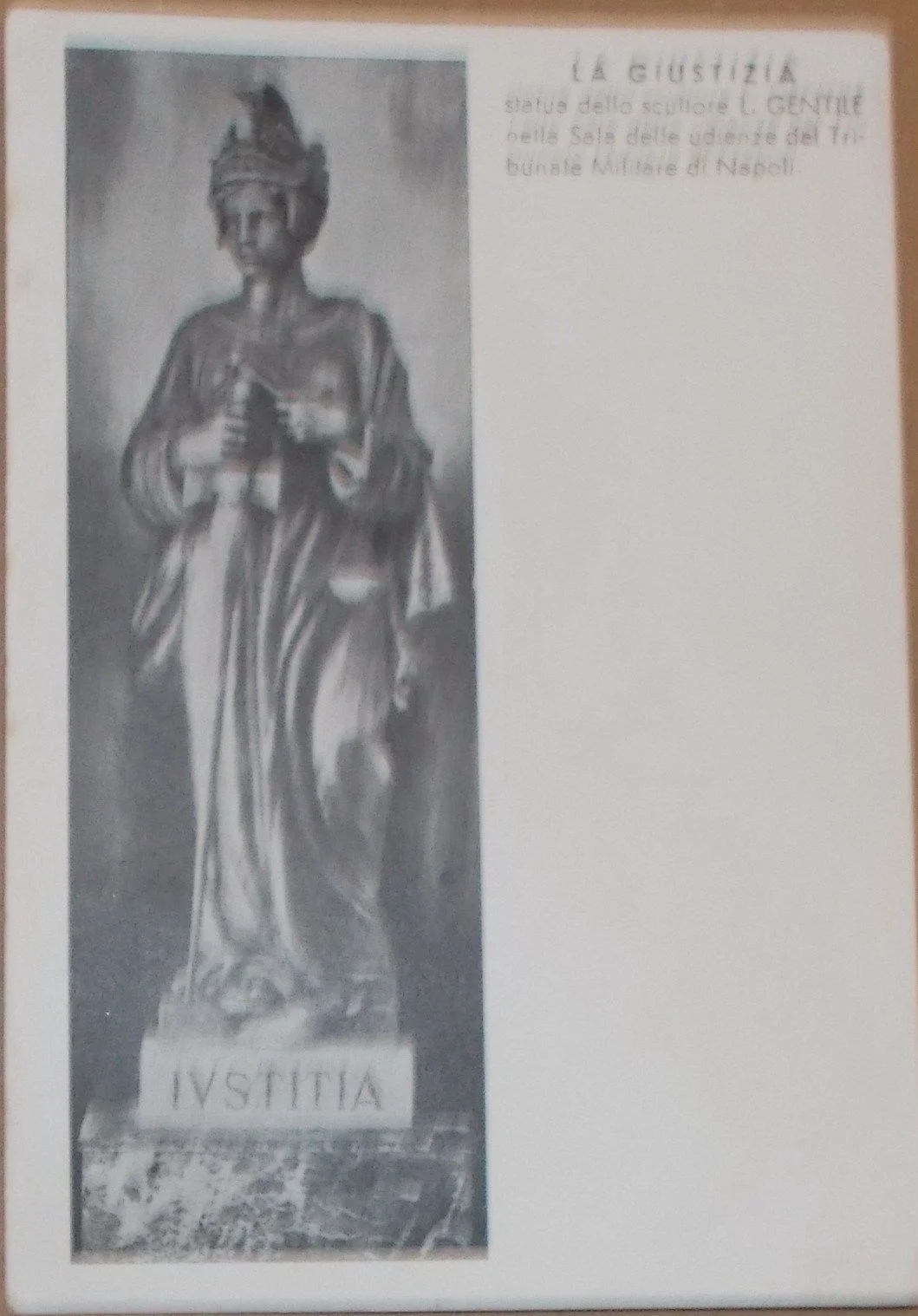 Postcard, Sculpture, Allegory of Justice, L. Gentile, Naples 1957