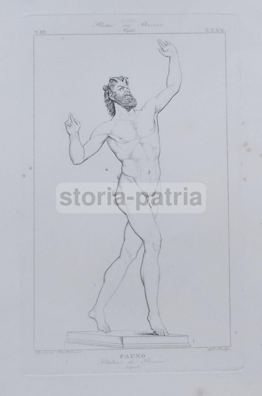 Stampa Antica: Fauno, Statua Di Bronzo (Napoli). Incisione Di Saverio Pistolesi, 1820 1840.