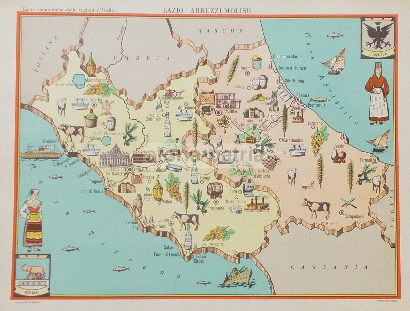 Mappa Economica Lazio, Abruzzo E Molise Anni '50 Edizioni Bolis
