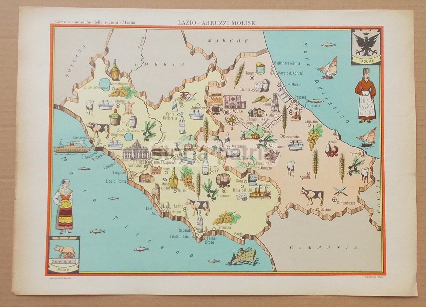 Mappa Economica Lazio, Abruzzo E Molise Anni '50 Edizioni Bolis