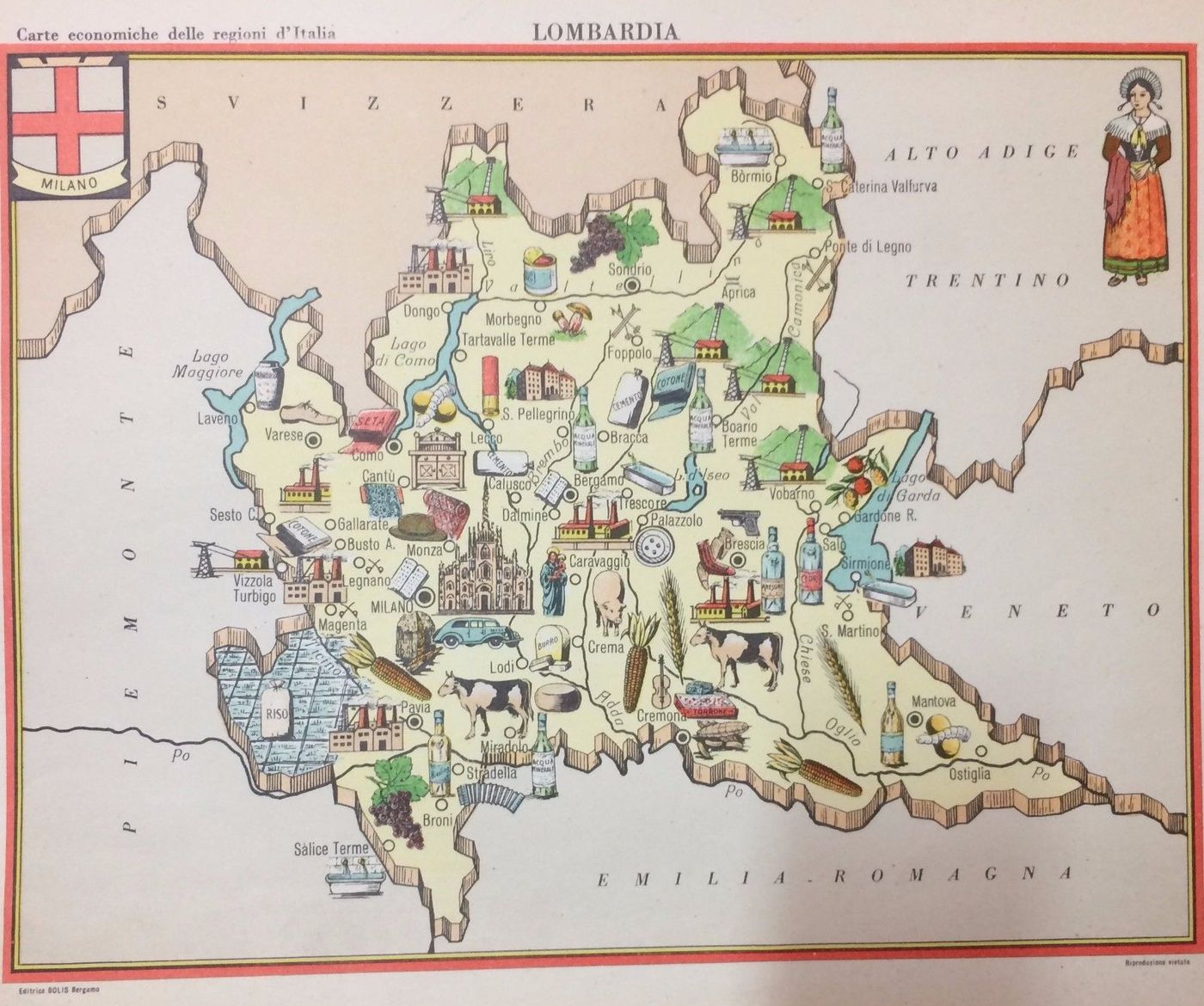 Mappa Economica Lombardia Anni '50, Bolis Bergamo, Como, Brescia, Pavia