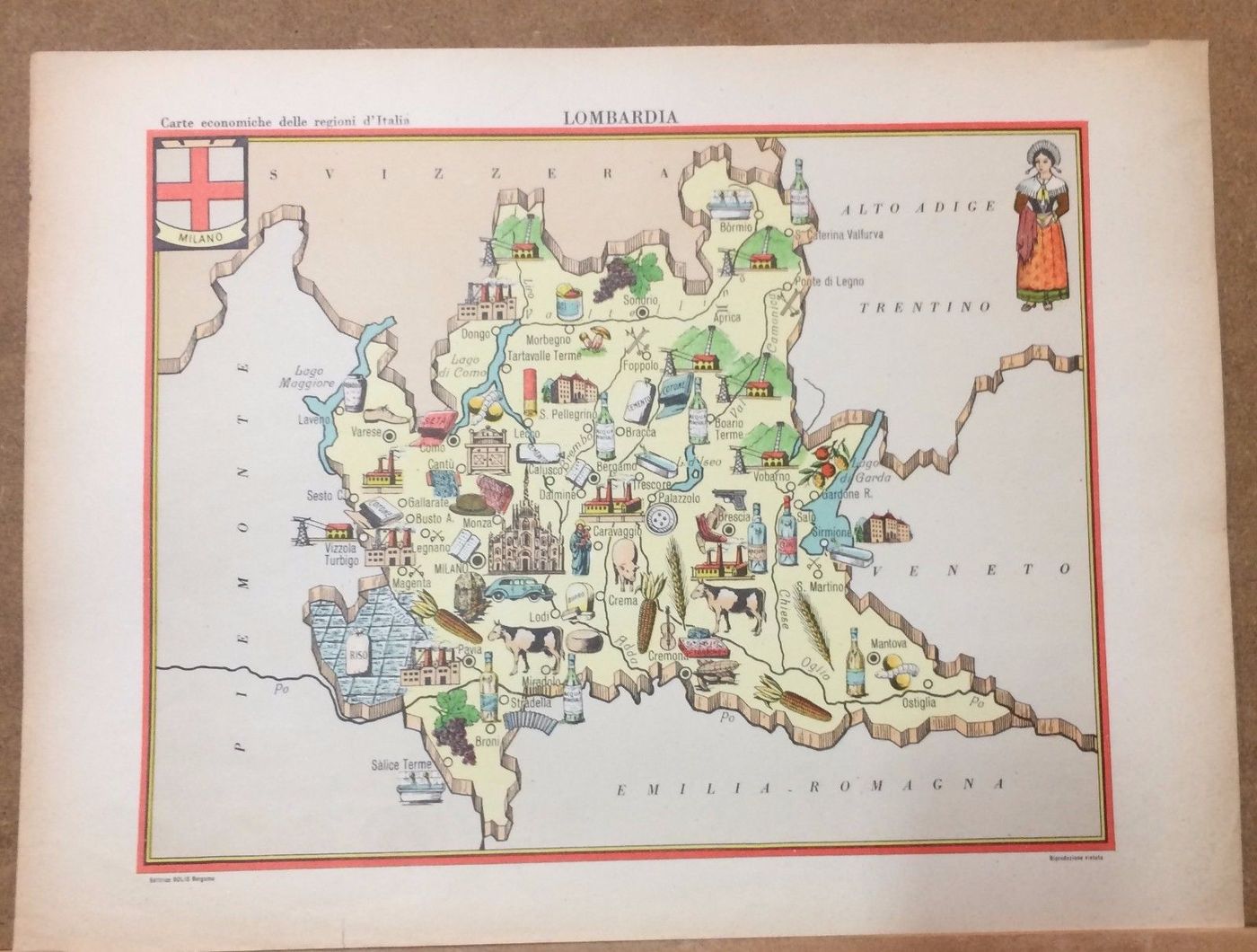 Mappa Economica Lombardia Anni '50, Bolis Bergamo, Como, Brescia, Pavia