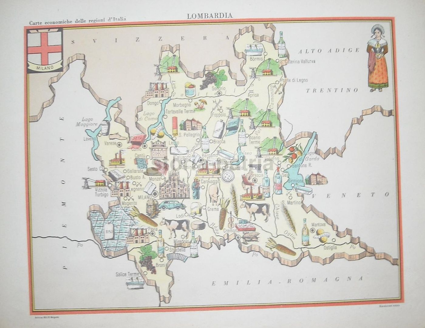 Mappa Economica Lombardia Anni '50, Bolis Bergamo, Como, Brescia, Pavia