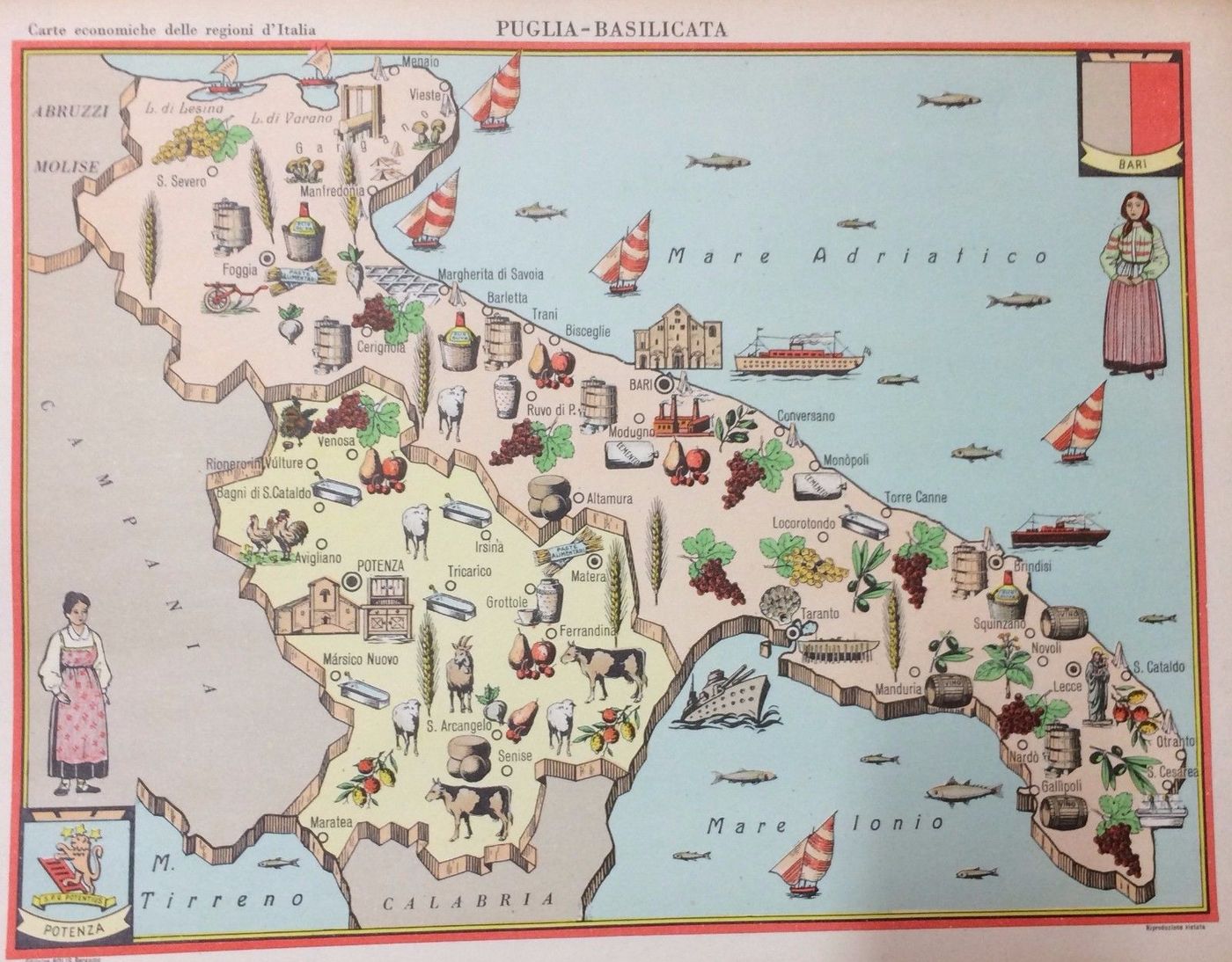 Mappa Economica Puglia E Basilicata Anni '50 Edizioni Bolis