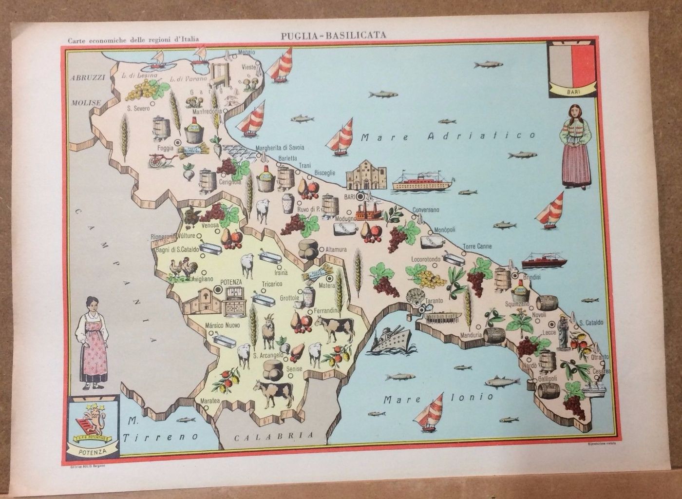 Mappa Economica Puglia E Basilicata Anni '50 Edizioni Bolis