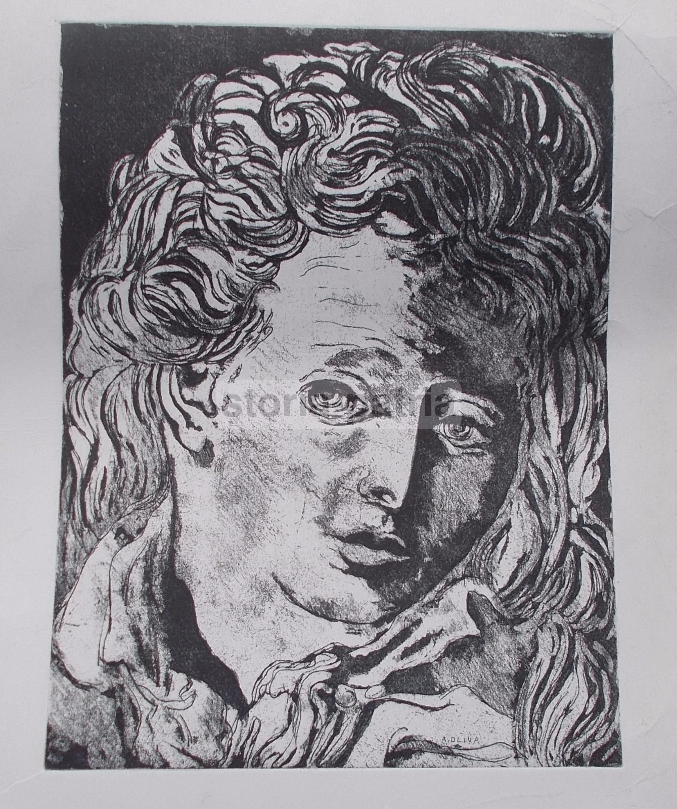 Acquaforte A. Oliva, Ritratto Di Giovane, Metà Del Novecento, 70x50 Cm