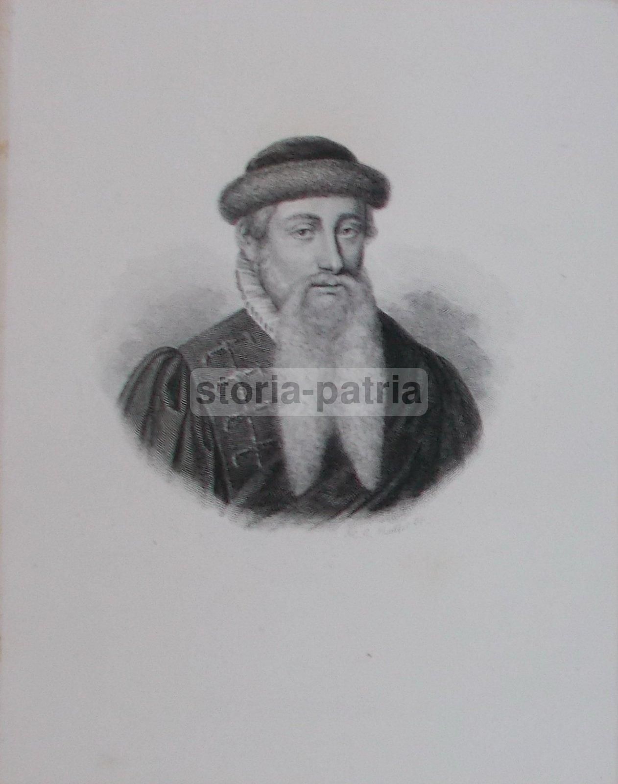Antico Ritratto Di Johannes Gutenberg, Incisione Muller, Metà XIX Secolo