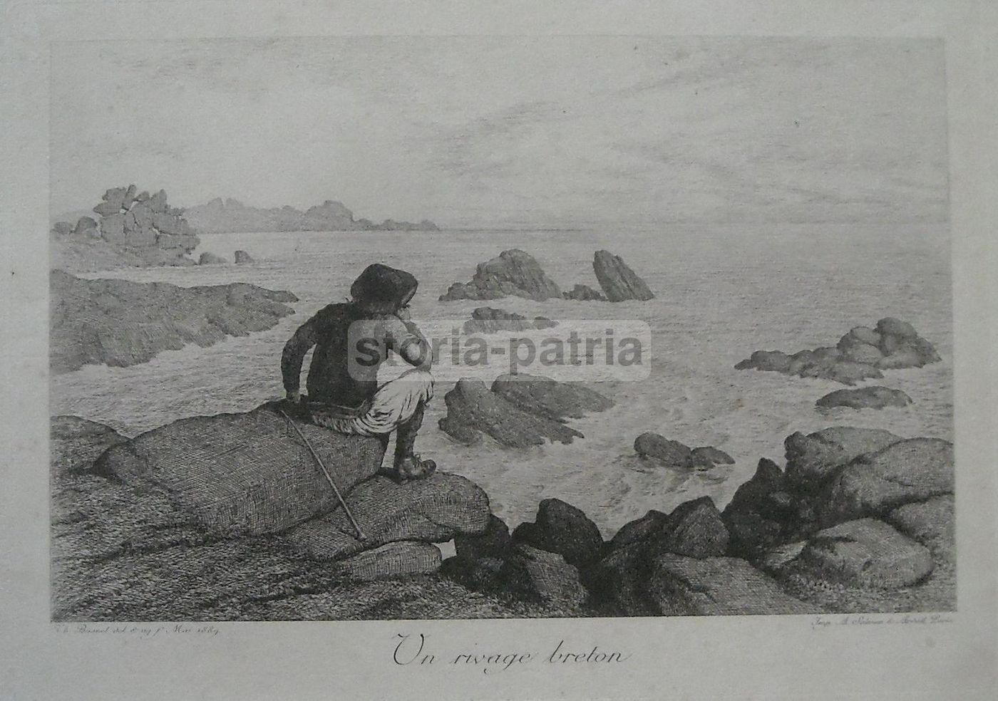 Incisione Antica Un Rivage Breton 1889, Th. Busnel, Salmon Ardail, Bretagna