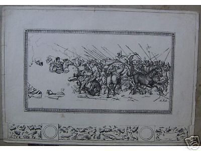 Litografia Scena Di Battaglia Antica Con Animali, Originale Dell'800