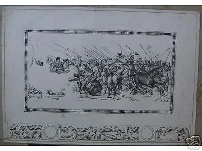 Litografia Scena di Battaglia Antica con Animali, Originale Dell'800