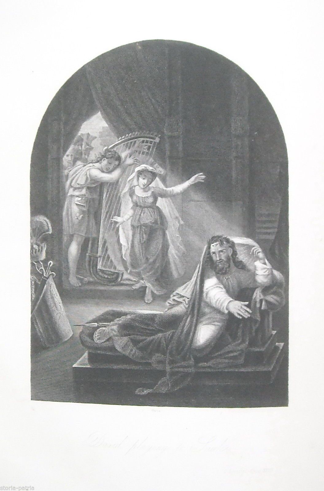 Incisione Antica David Suona Per Saul Con Arpa 1865 Circa
