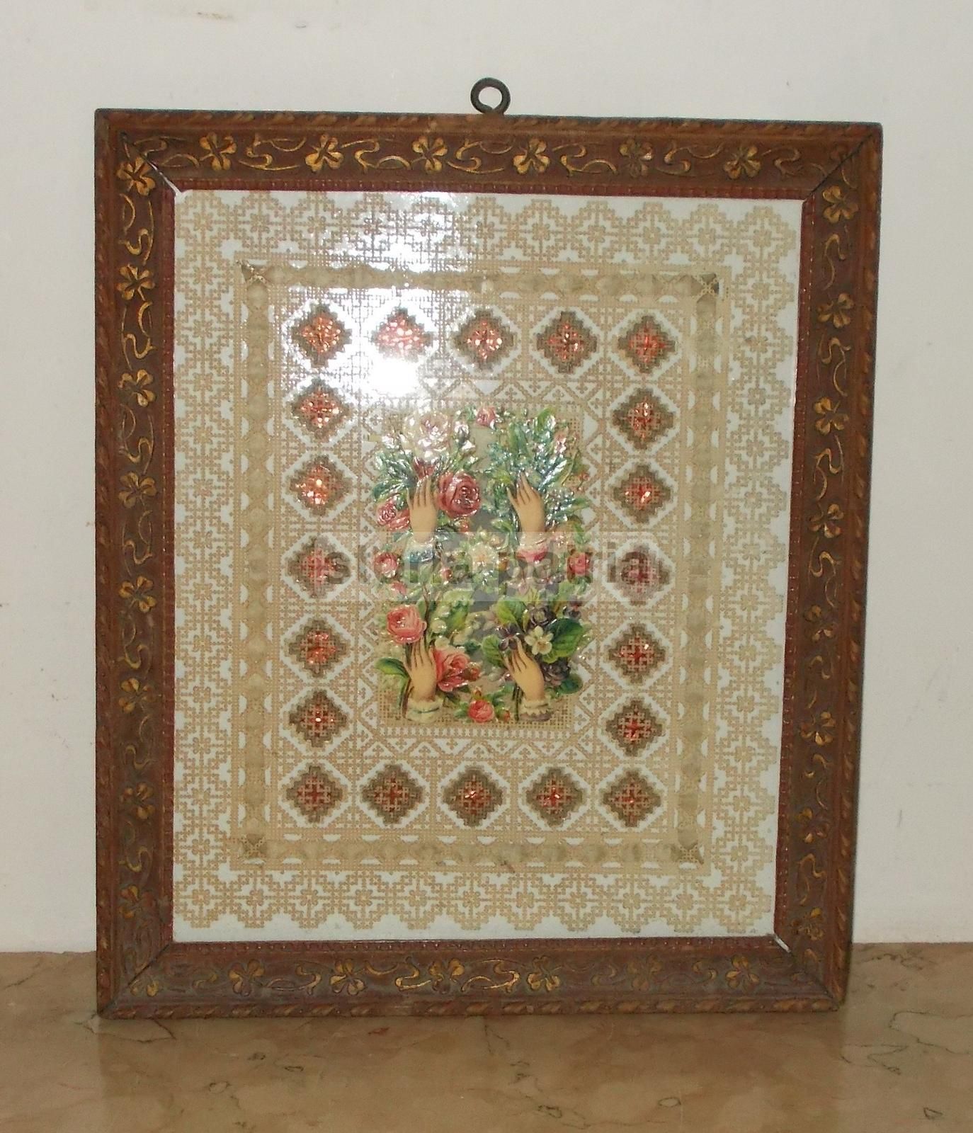 Quadro Carta Traforata Floreale Liberty, Primo '900, Con Cornice