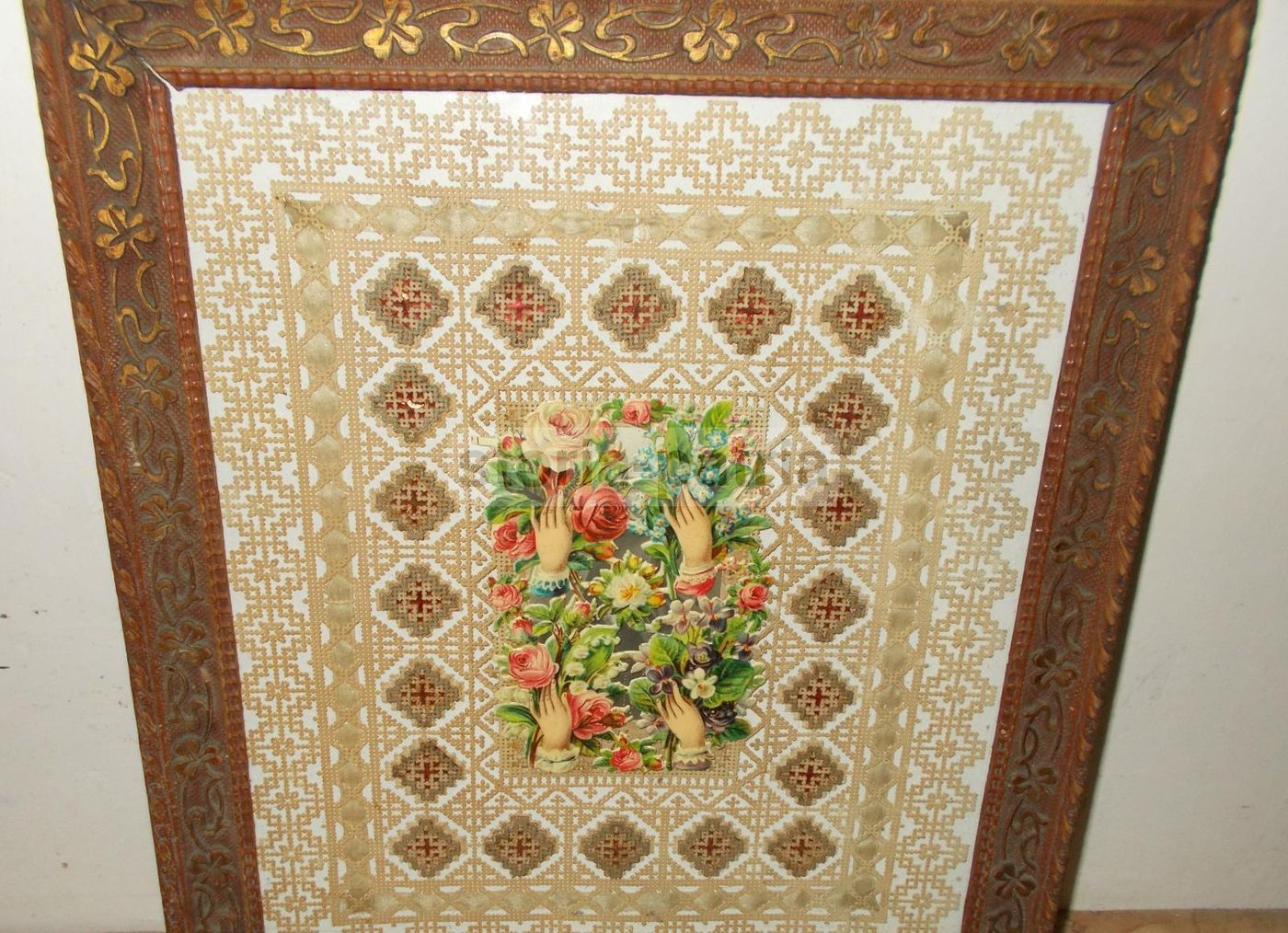 Quadro Carta Traforata Floreale Liberty Inizio '900 Con Cornice