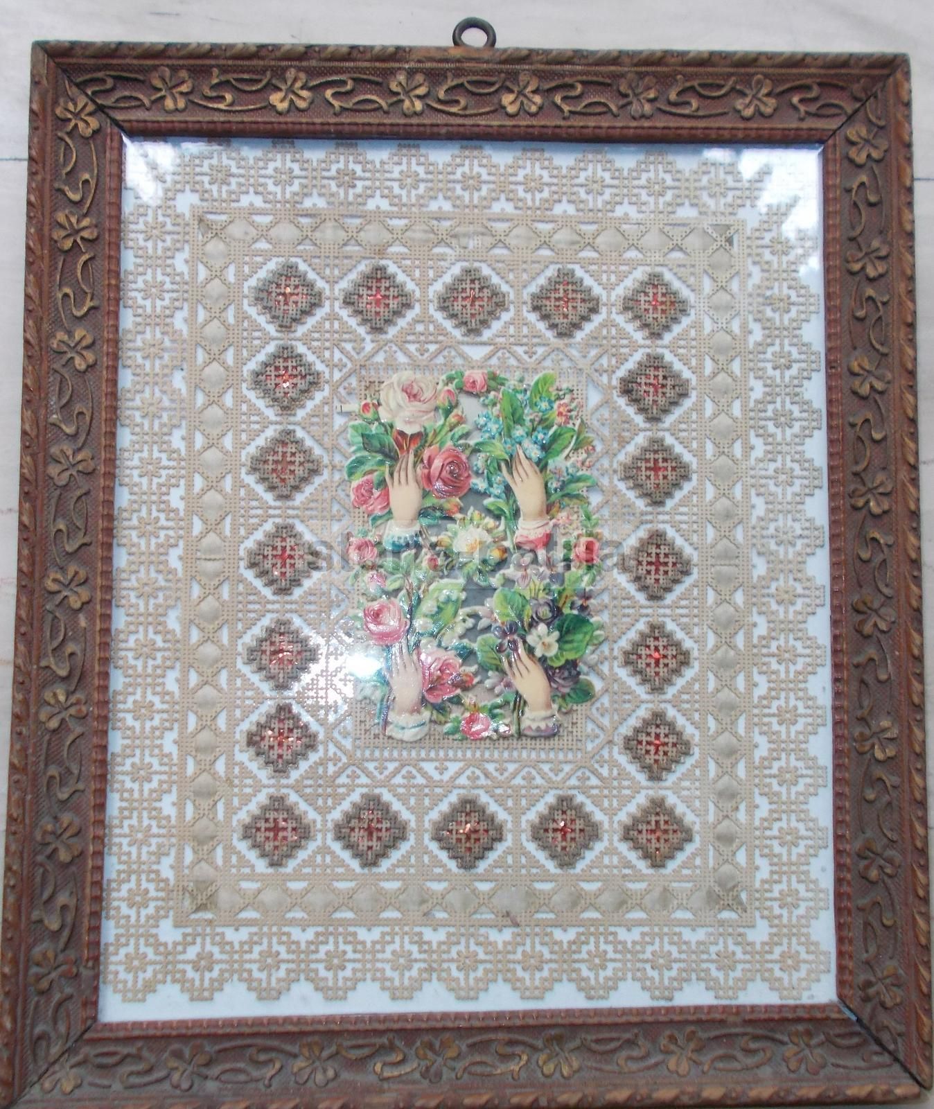 Quadro Carta Traforata Floreale Liberty, Primo '900, Con Cornice