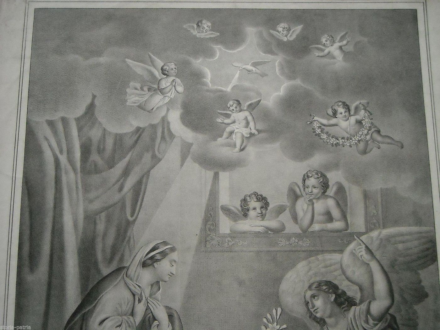 Stampa Litografica Annunciazione Angelo E Madonna, Napoli, XIX Secolo