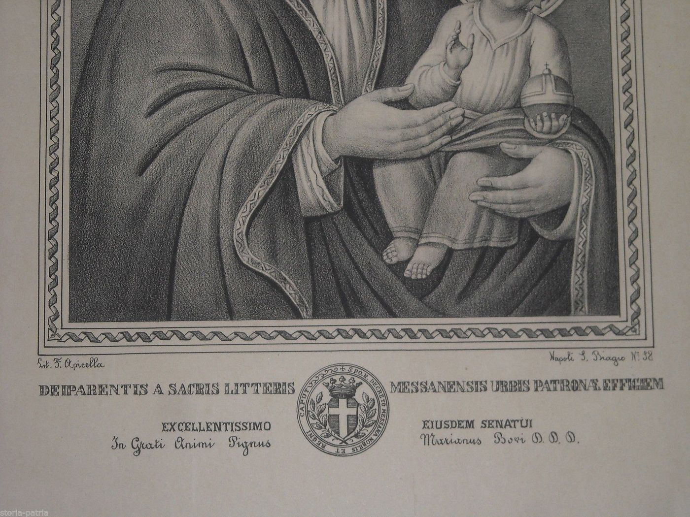 Stampa Litografica Madonna Di Messina, Mariano Bove, XIX Secolo
