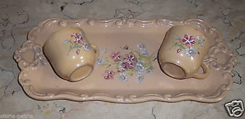Vassoio Ceramica Liberty Con Tazzine Floreali Primo '900