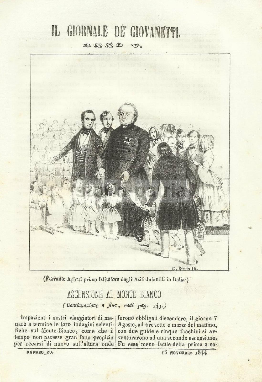 Ferrante Aporti Stampa Litografica Originale 1844 G. Riccio
