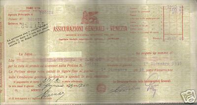 Quietanza Assicurazioni Generali Venezia 1939 Originale d'Epoca