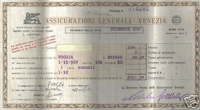Quietanza Assicurazioni Generali Venezia 1939