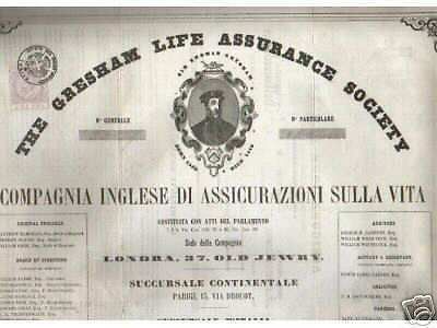 Polizza Assicurazione Gresham Life Assurance Society Londra 1864