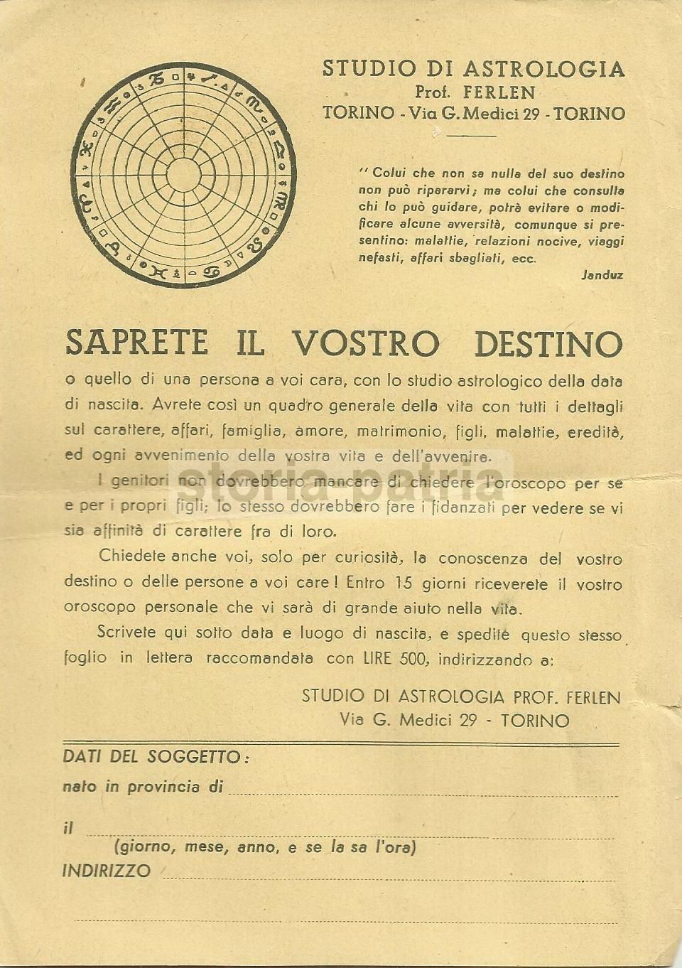 Volantino Pubblicitario Astrologo Ferlen Torino Anni '40 '50