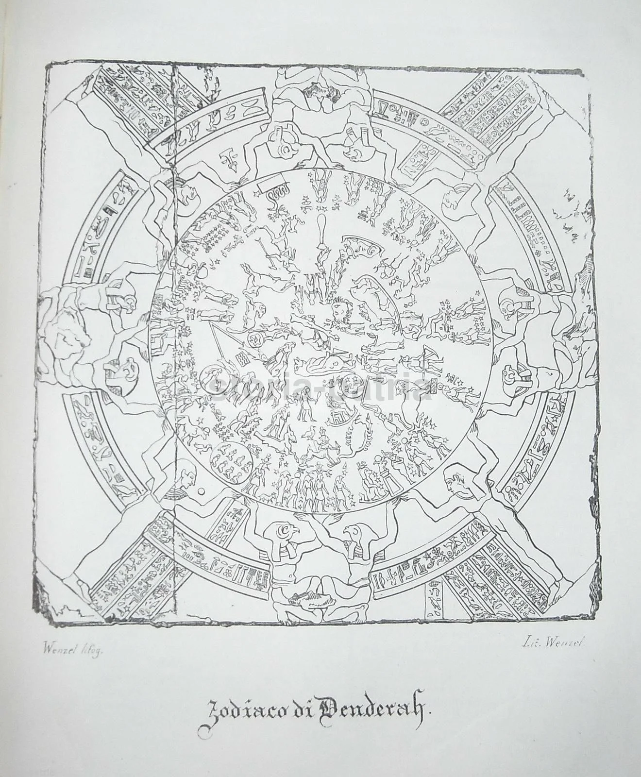 Zodiaco di Denderah. Litografia Wenzel, 1840 Circa. Antica Stampa Napoletana.