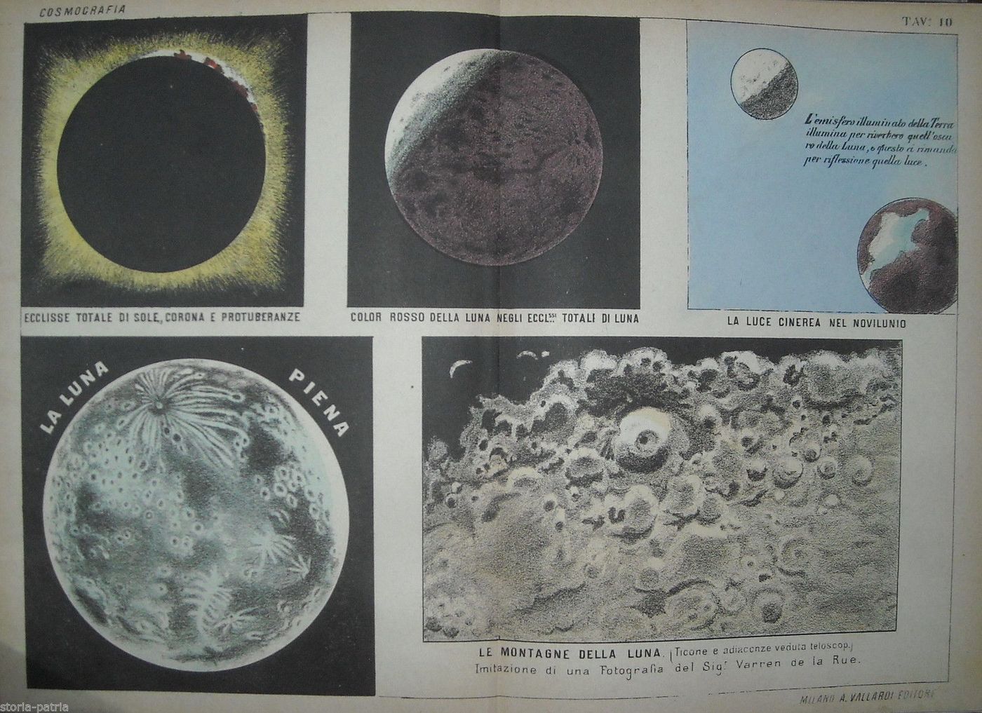 Stampa Antica Di Astronomia E Cosmografia: Luna Ed Eclissi, Vallardi, XIX Secolo
